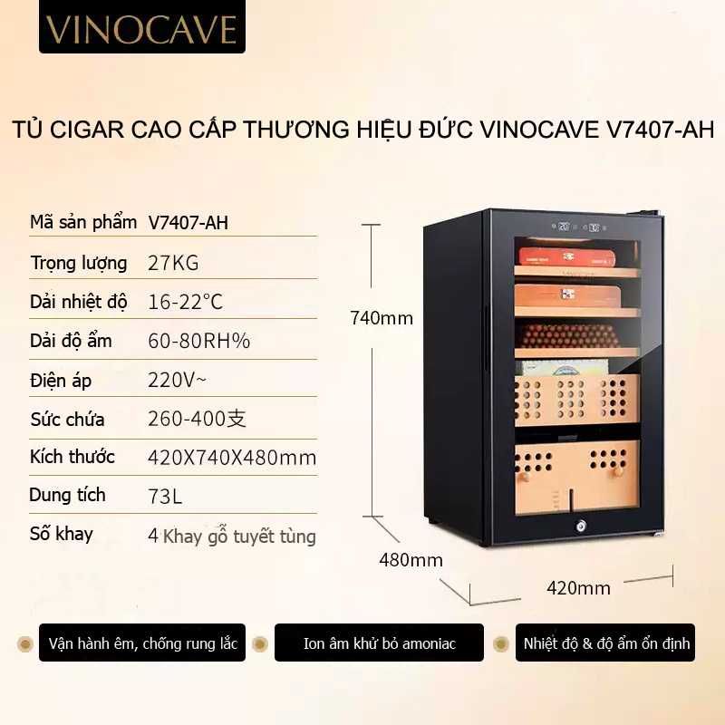 Tủ xì gà 300-400 điếu chính hãng Vinocave V7407-AH