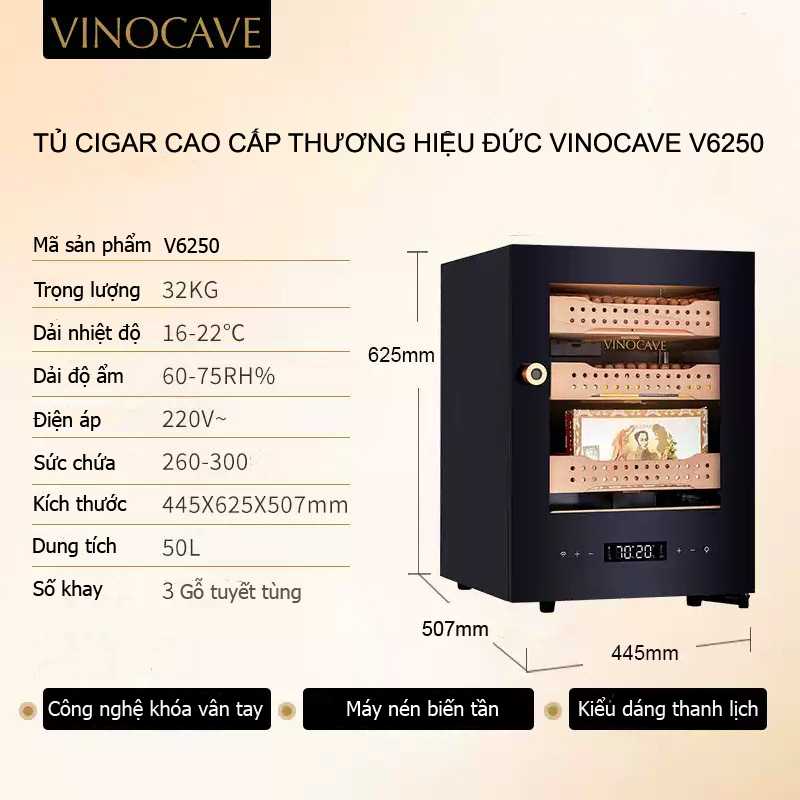 Tủ cigar Vinocave khóa vân tay cao cấp V6250