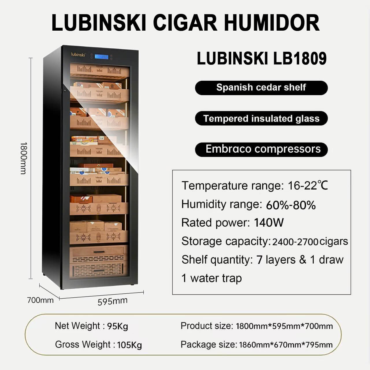 Tủ bảo quản xì gà cắm điện chính hãng Lubinski LB1809